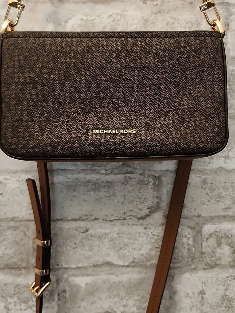 Michael Kors Brown Logo Crossbody with‎ Gold Chain